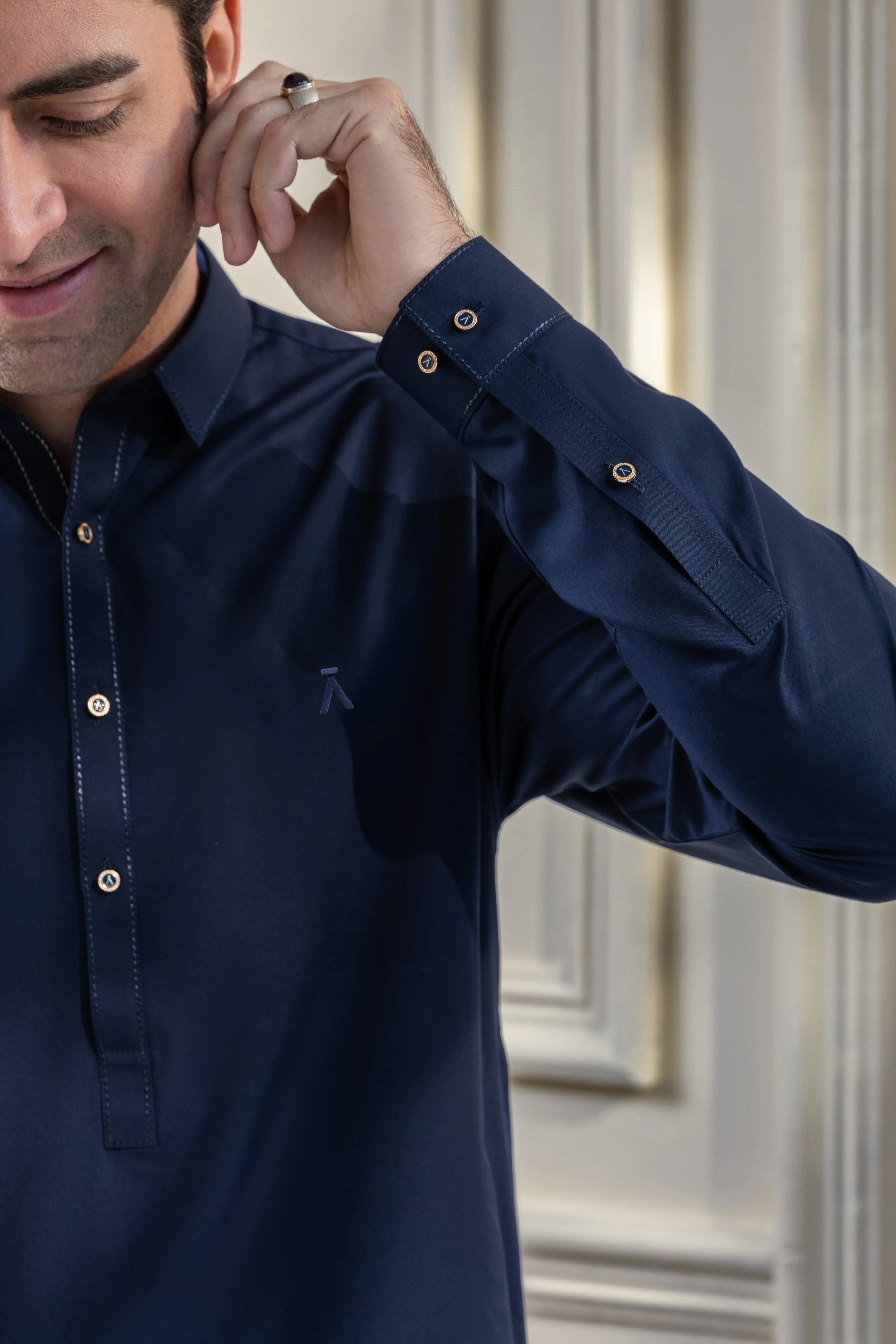 Stitched Regal Collar Kameez Shalwar With Golden Detailing for Men - Navy Blue