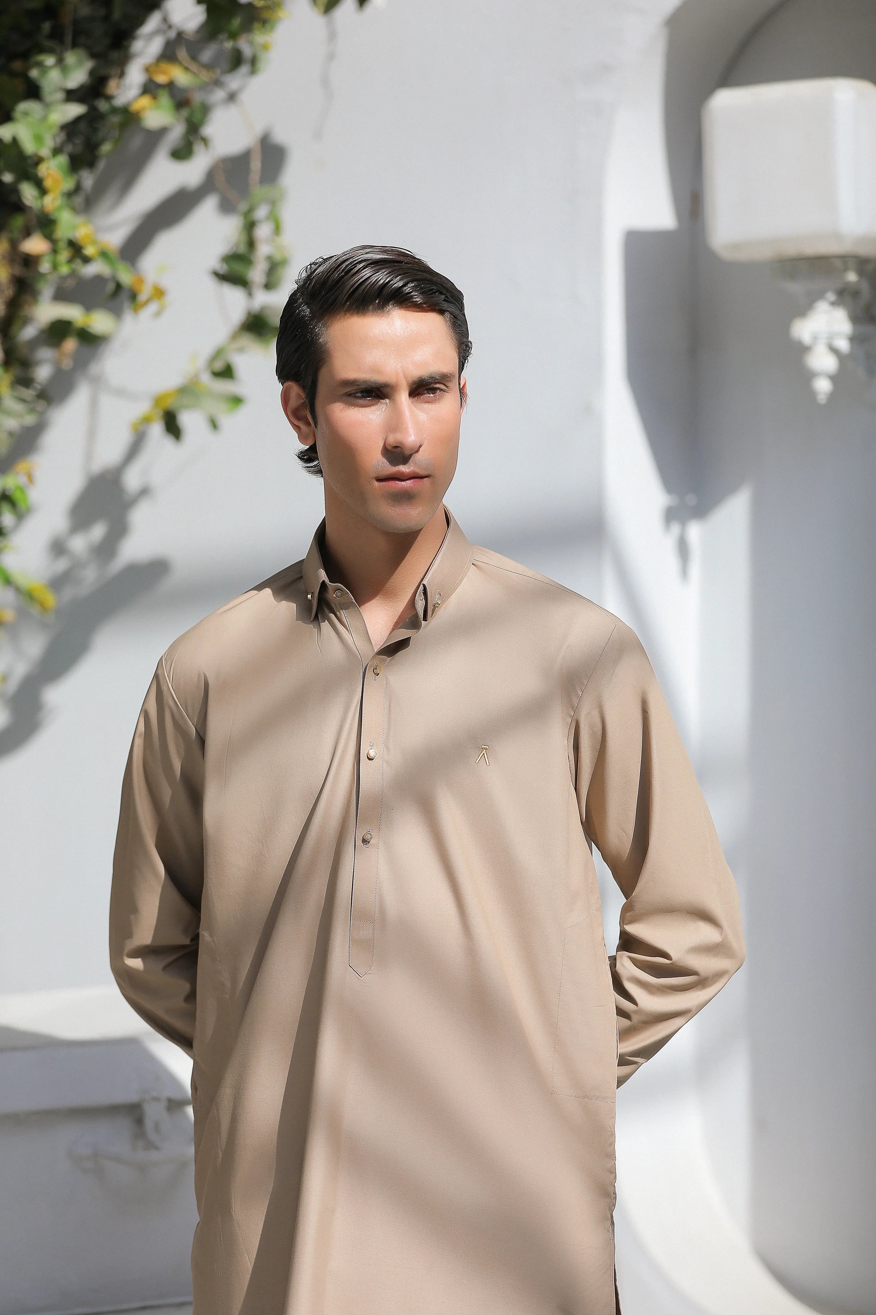 Stitched Signature Logo Shalwar Kameez With Golden Button for Men - Light Brown