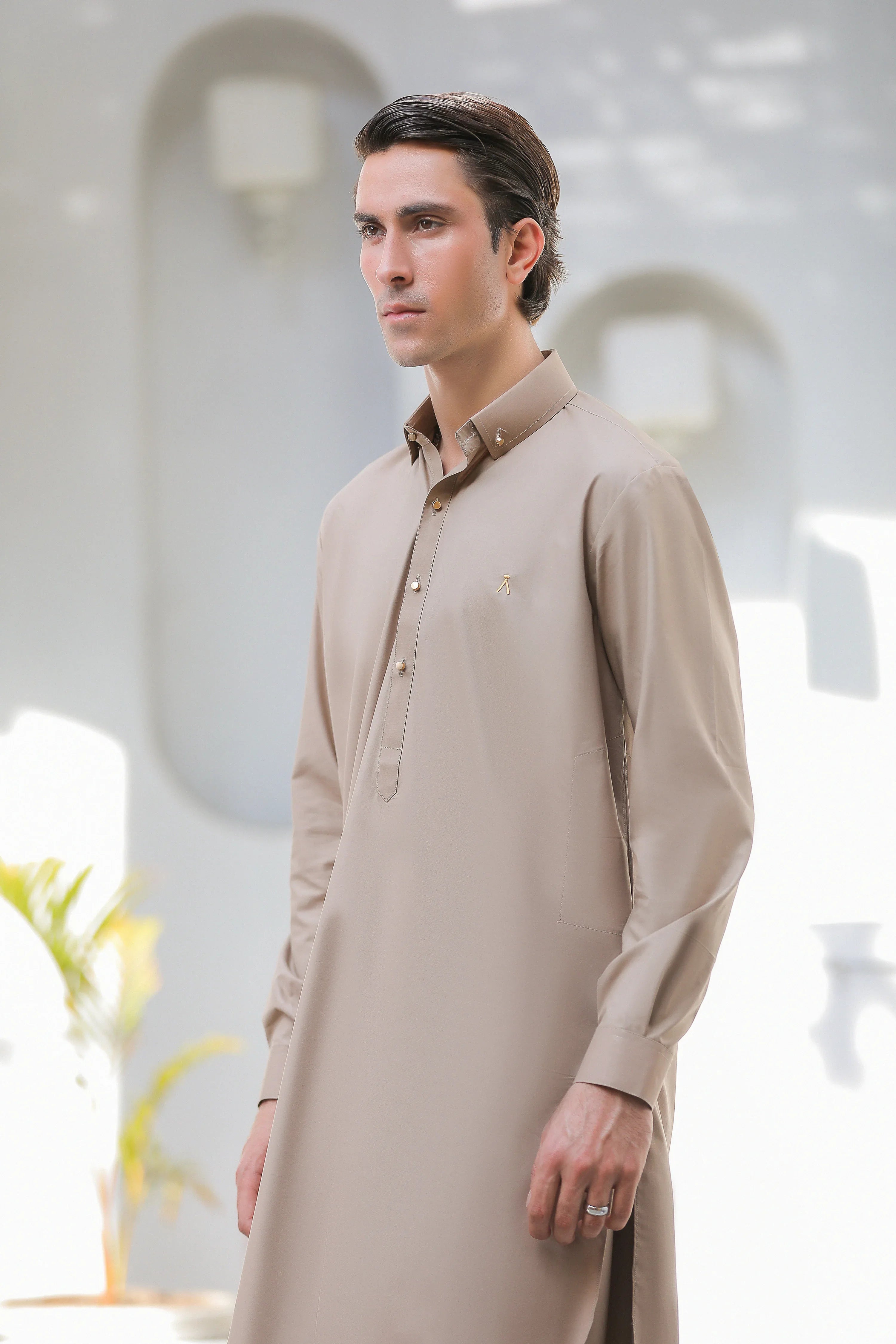 Stitched Signature Logo Shalwar Kameez With Golden Button for Men - Light Brown