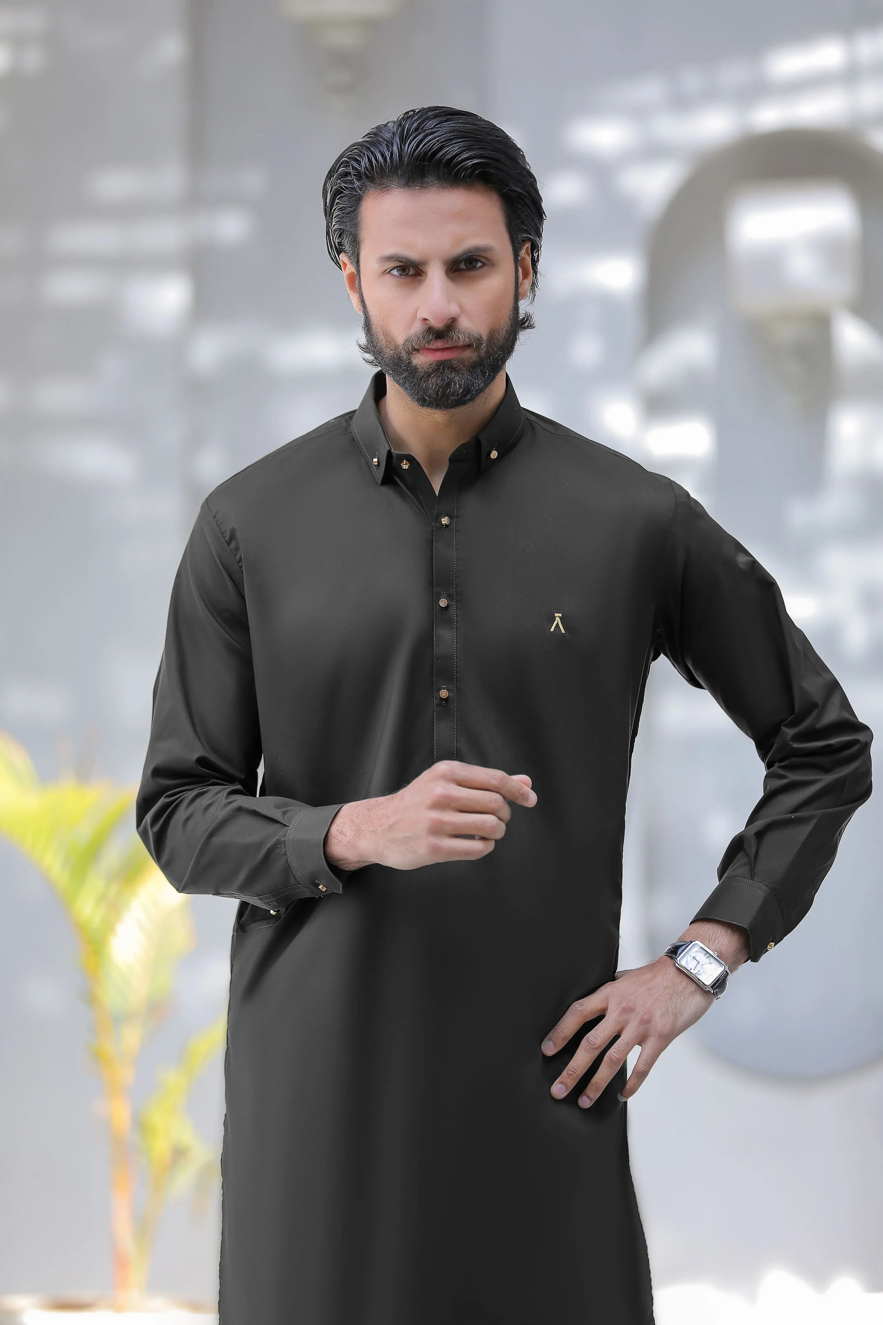 Stitched Signature Logo Shalwar Kameez With Golden Buttons for Men - Black