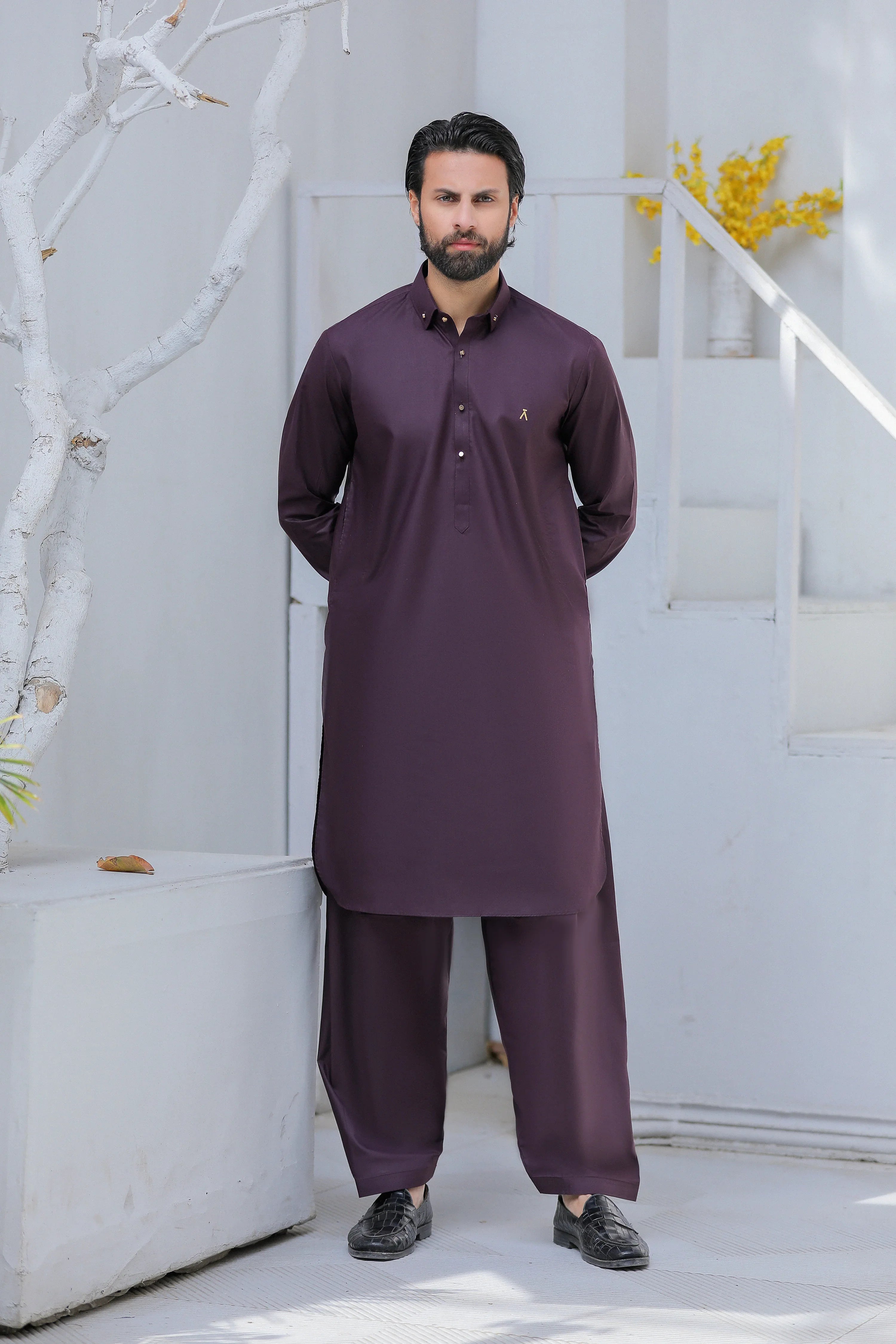 Stitched Signature Logo Shalwar Kameez With Golden Buttons for Men -  Dark Purple