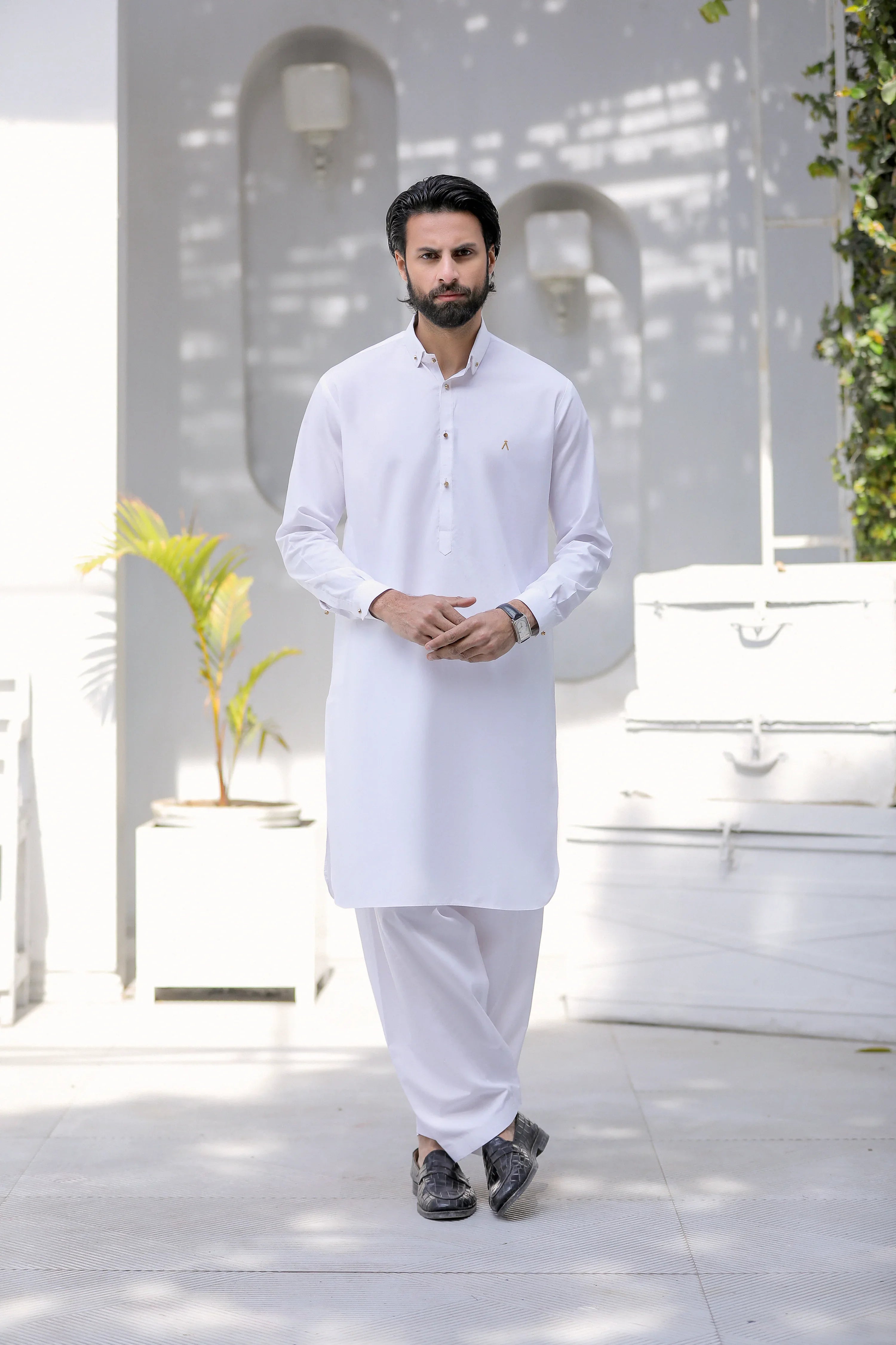 Stitched Signature Logo Shalwar Kameez With Golden Buttons for Men - Off White