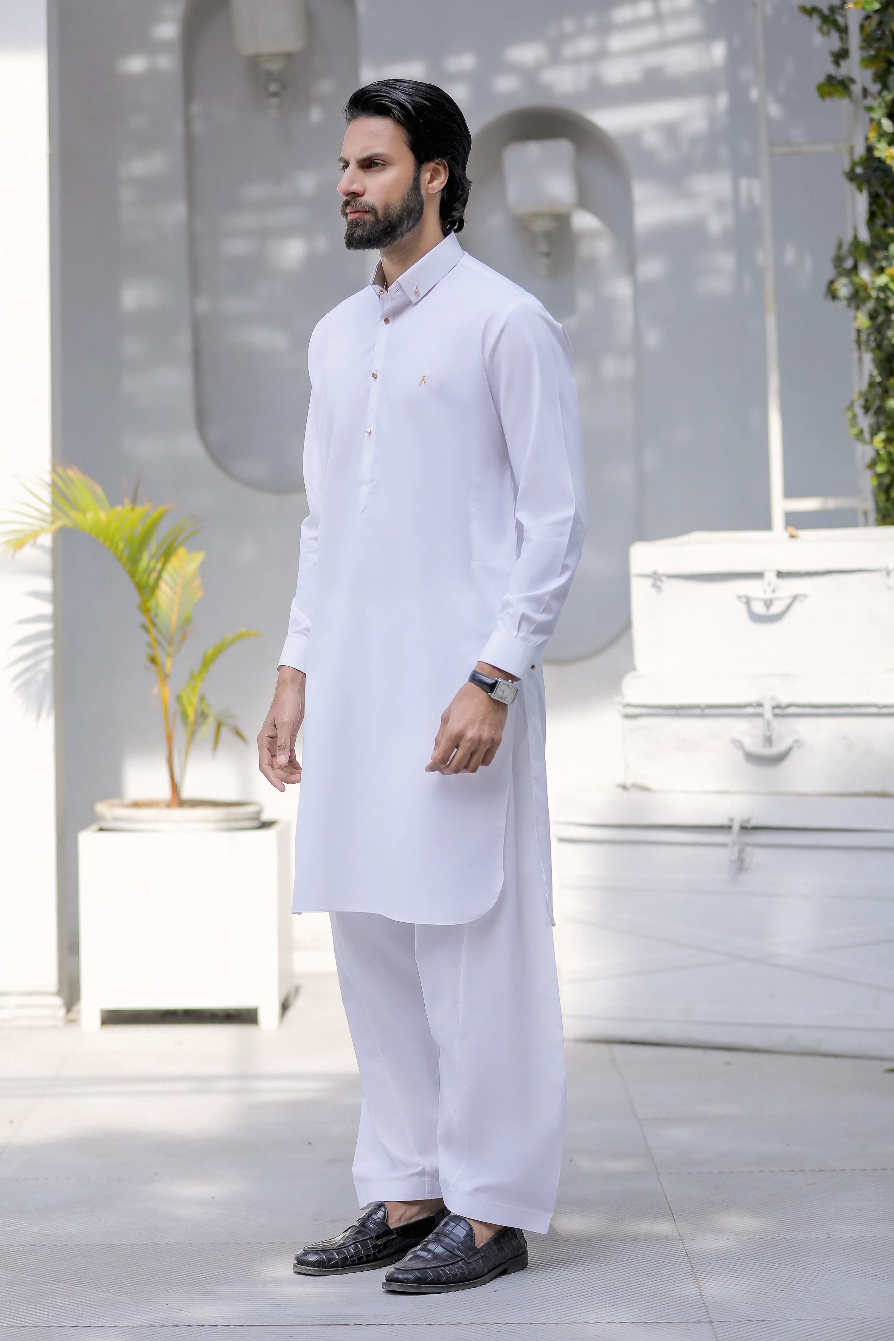 Stitched Signature Logo Shalwar Kameez With Golden Buttons for Men - Off White