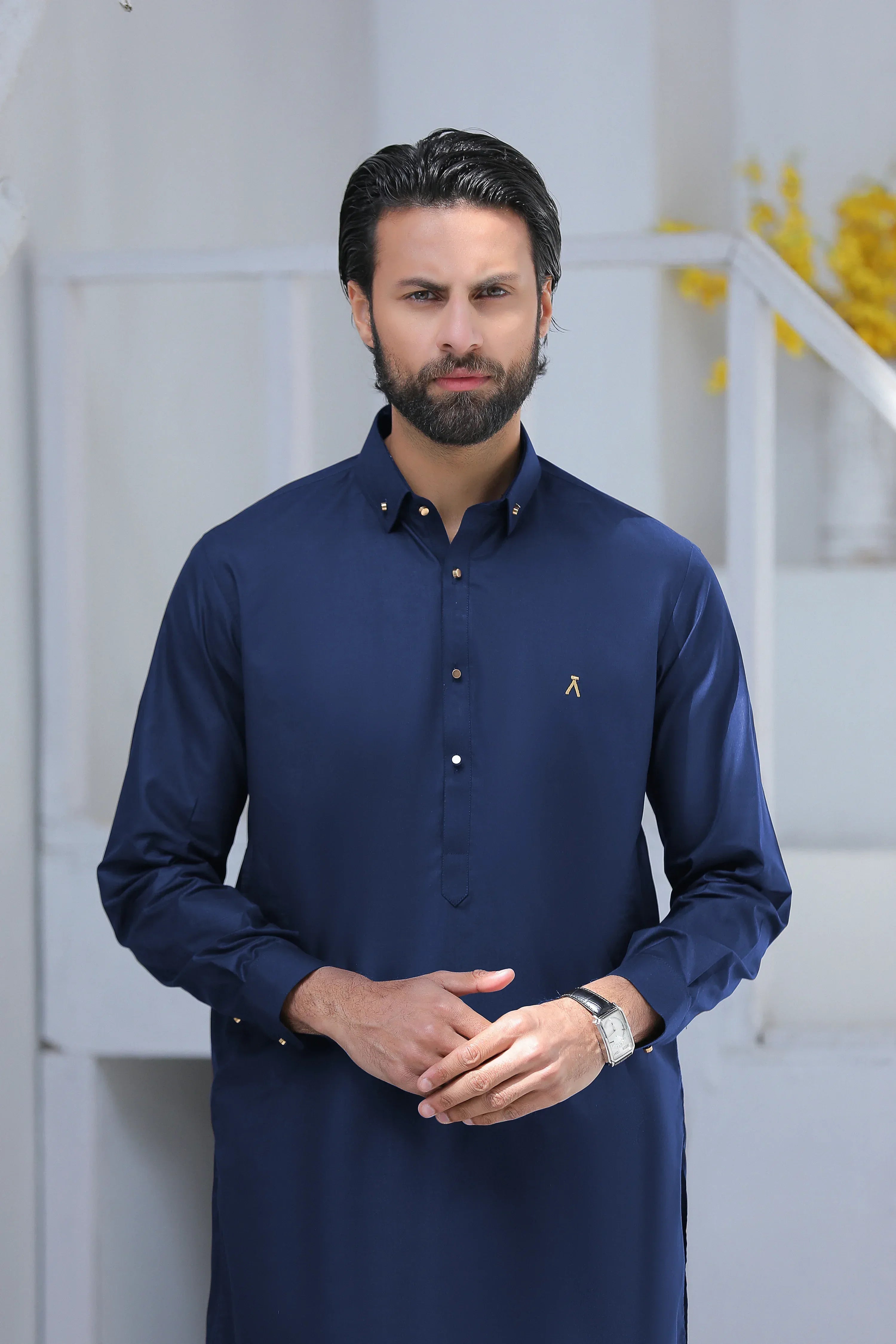 Stitched Signature Logo Shalwar Kameez With Golden Button for Men - Navy Blue