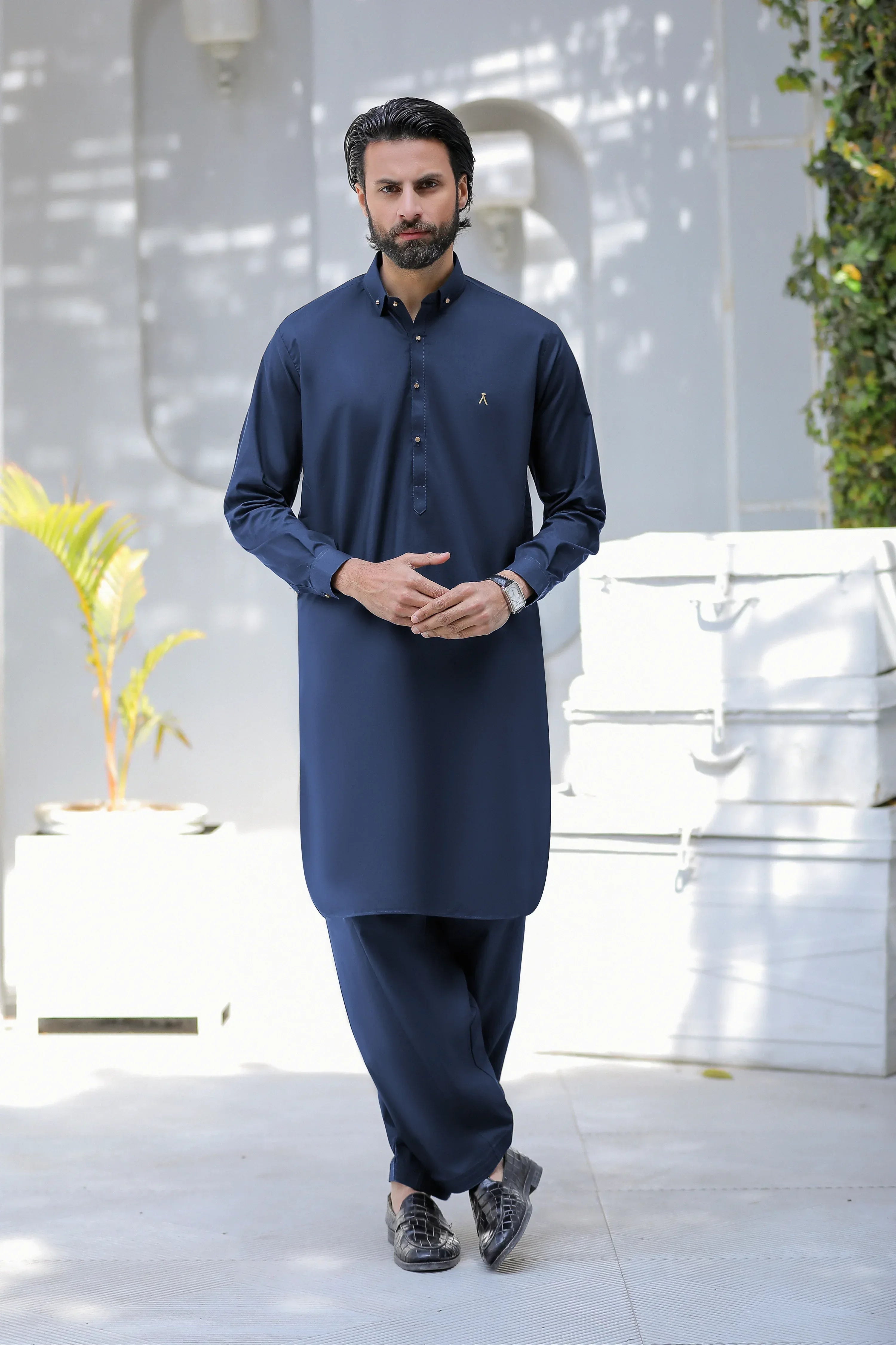 Stitched Signature Logo Shalwar Kameez With Golden Button for Men - Navy Blue