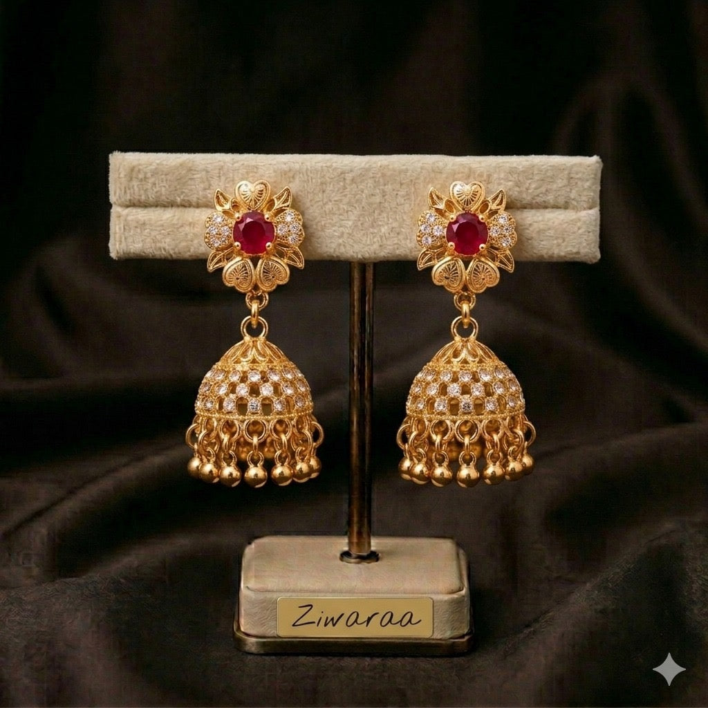 Ruby Bloom Gold Jhumka Earrings